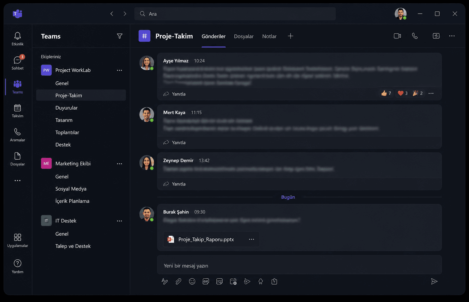 Microsoft Teams üzerinde ekip mesajlaşması ekranı
